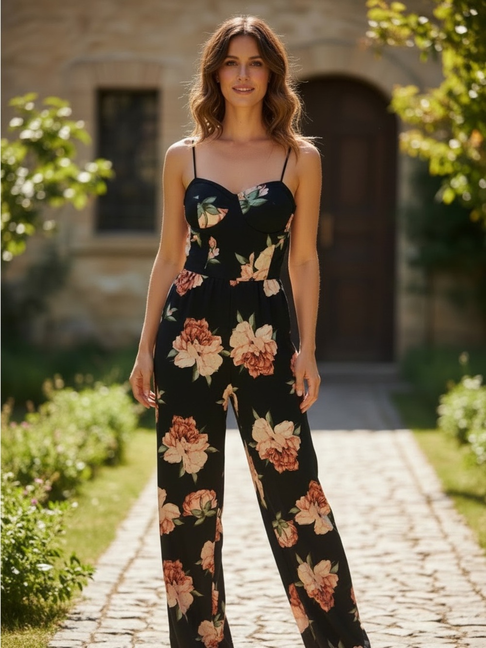 Band‎ of Gypsies Black Floral Wide-Leg Spaghetti Strap Jumpsuit